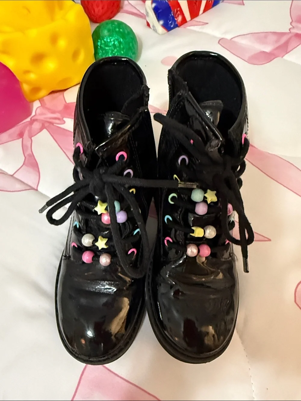 The Children's Place Black Patent Lace-Up Boots with Pastel Bead & Star Details